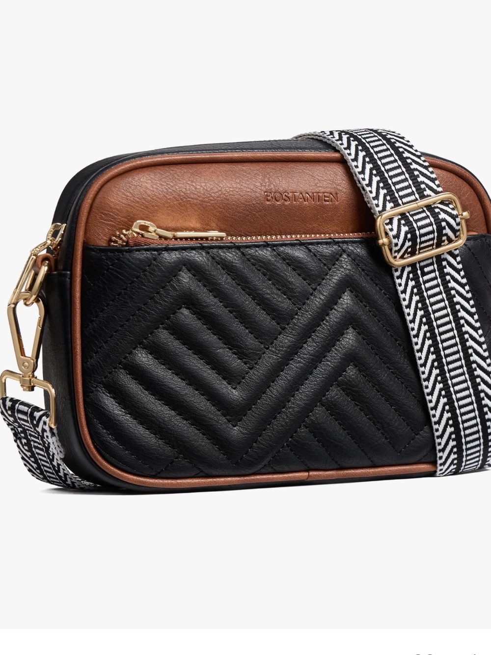 BOSTANTEN Black & Brown Quilted Crossbody Bag with Patterned Strap